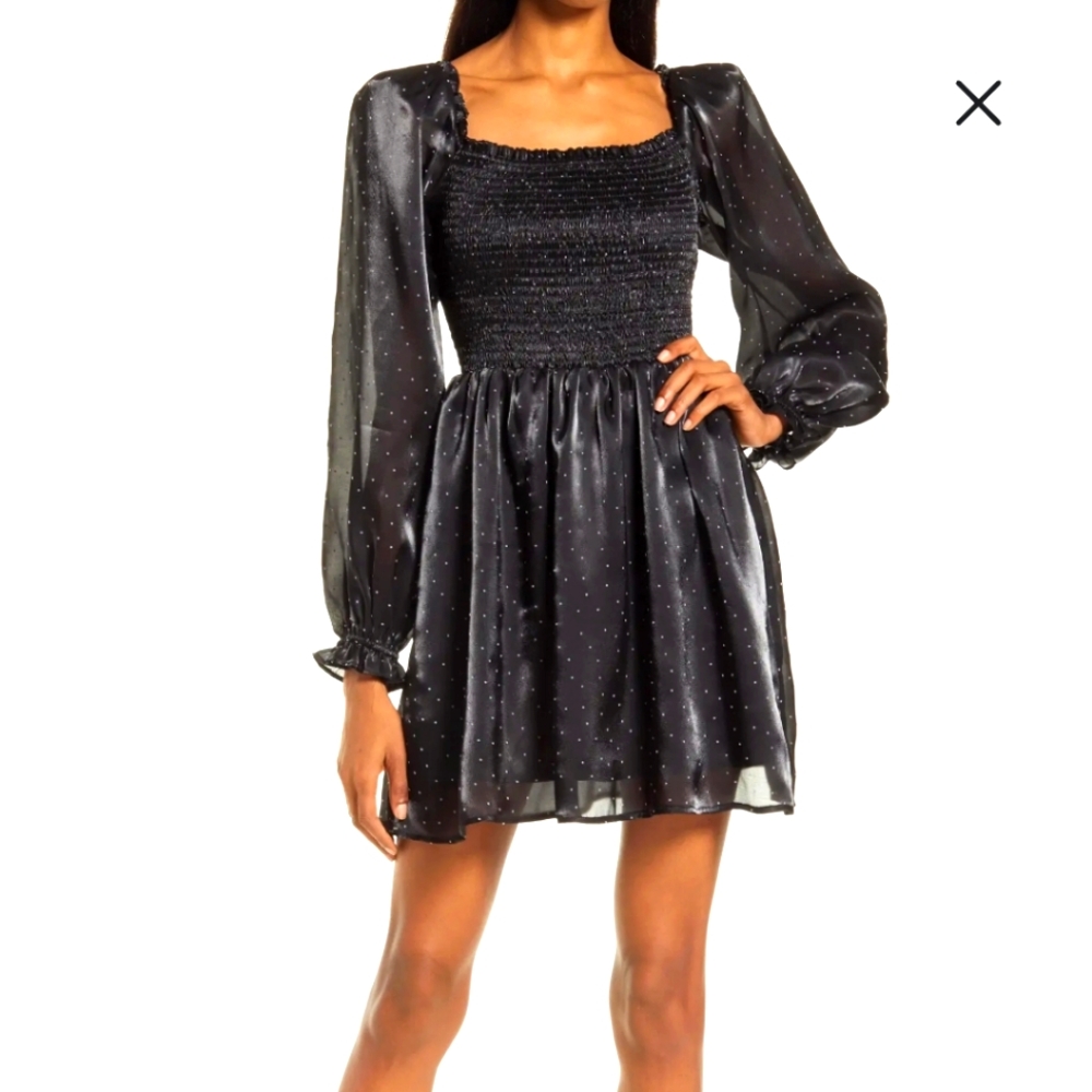 Charles Henry Poka Dot Smocked Black Dress